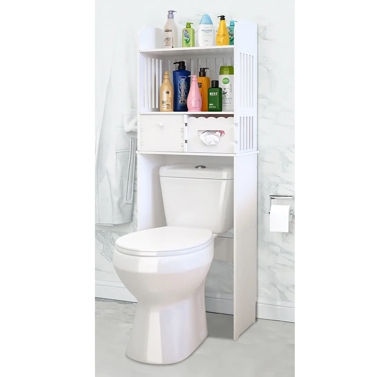 Estante de madera blanca para baño, mueble de almacenamiento para ahorro de espacio sobre el inodoro