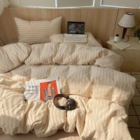 Parure de lit 4 pièces en coton 100% teint en fil, lavée, antistatique, rayée, 600 fils/cm², design minimaliste de style japonais, pour un sommeil pur.