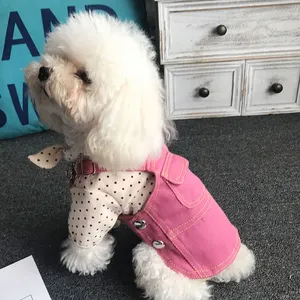 새로운 디자인 애완 동물 의류 및 개 의류 도매 품질 패션 금속 버튼 개 멜빵 데님 공주 드레스 테디 강아지
