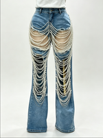 Jean ample à sequins pour femme, taille mi-haute, coupe boyfriend, décontracté d'été, délavage moyen, jambe large, styles variés (référence uniquement)