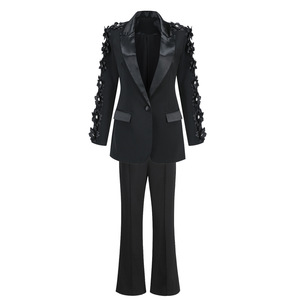 Manteau <span class=keywords><strong>de</strong></span> luxe noir à col en V et fleurs 3D pour femme, robe <span class=keywords><strong>de</strong></span> soirée <span class=keywords><strong>longue</strong></span> et pantalon droit, ensemble tailleur pour femme - Product Image 5