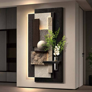 Arte Mural 3D Estéreo de Roca para Entrada Moderna, Piedra Arenisca Mate con Luz LED, Florero y Planta Artificial para Hotel, Villa, Casa de Huéspedes - Product Image 1