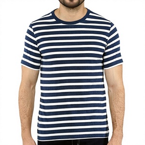 เสื้อยืดคอกลมผ้าย้นส์ย้อมสีแบบลายทางเสื้อยืดคอกลมสำหรับผู้ชายดีไซน์ตามสั่ง - Product Image 1