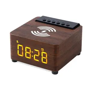 K2蓝牙扬声器时钟显示tf卡播放有线音频输入闹钟木质无线充电扬声器