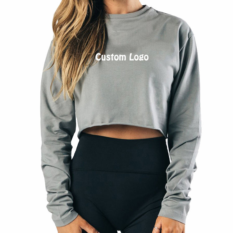 Custom Wholesale Yoga Sport Plain Pullover Short Crop Top Casual Long Sleeve Women T Shirt 