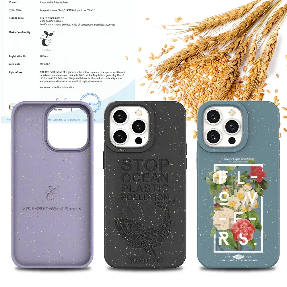 Özelleştirme Logo/desen Compostable malzeme eko biyobozunur geri dönüşümlü telefon Iphone için kılıf 14 Pro Max 13 12 11pro X/Xs