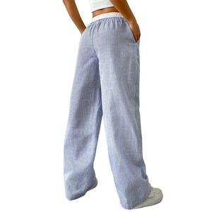 Pantaloni da <span class=keywords><strong>Donna</strong></span> a Vita Media con Logo Personalizzato, Casual Primaverili in <span class=keywords><strong>Lino</strong></span>/Cotone, Gamba Larga, <span class=keywords><strong>Blu</strong></span> a Righe, Taglie Forti - Product Image 3