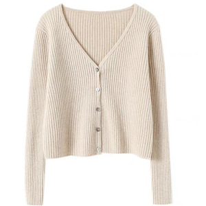 Cárdigan de Cachemira para Mujer, Cuello en V, Tejido Acanalado, Corte Ajustado, Estilo Corto, Color Beige Claro Sólido - Product Image 5