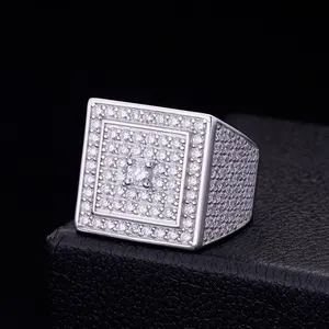 Fine Jewelry Pave Zircon Micro CZ Sterling Silver Customize Rhodium Plated Solid 925 Square Shaped Men Ring