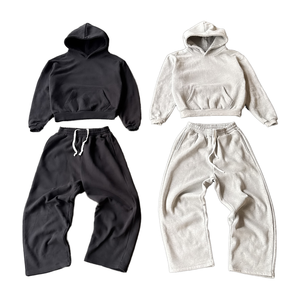 Conjunto de Sudadera con Capucha Corta y Pantalones Anchos de Felpa Gruesa Personalizados al por Mayor, Chándal Oversize de Forro Polar para Hombre y Mujer, Trajes Jogger de 2 Piezas - Product Image 1
