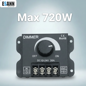 Controlador <span class=keywords><strong>Dimmer</strong></span> <span class=keywords><strong>LED</strong></span> PWM de Aço Inoxidável ESann DC5V 12V 24V 30A com Carga Máxima de 720W para Luzes de Fita <span class=keywords><strong>LED</strong></span> - Product Image 1