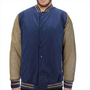 Men's Navy Blue <b>Corduroy</b> Varsity <b>Jacket</b> With Tan Sleeve Stand Collar Casual Autumn Wear Regular Fit Button Closure - Product Image 1