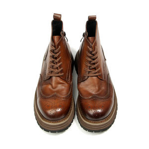Brogue Boots Men's <b>Round</b> Toe Thick Soled Platform Mid Heel <b>Cushioned</b> Work Boots Brown Solid Color 813-3 - Product Image 3