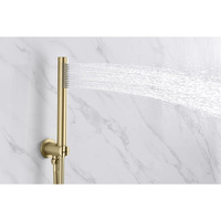 Robinet de douche mural thermostatique en cuivre brossé doré moderne à poignée unique, avec pommeau carré et garantie de 5 ans