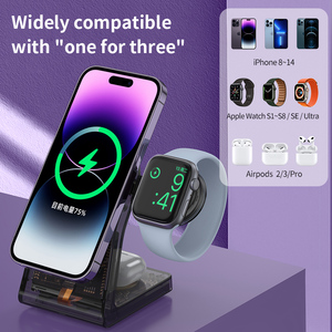 Estación de carga con sensor inteligente transparente 3 en 1 compatible con <span class=keywords><strong>iPhone</strong></span> 16 15 14 13 12 <span class=keywords><strong>11</strong></span> X Pro Max, Watch, AirPods 4 3 Pro - Product Image 3