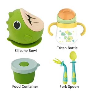 Customizable Safe BPA Free Baby Products Gift Water Bottle Silicone Suction Bowl Feeding Spoon And Fork Tableware Set For Kids
