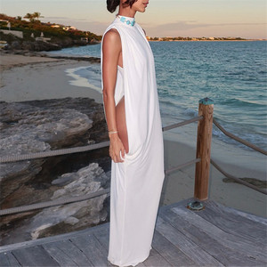 <span class=keywords><strong>Robe</strong></span> longue moulante élégante froncée pour femme, <span class=keywords><strong>col</strong></span> <span class=keywords><strong>roulé</strong></span>, <span class=keywords><strong>sans</strong></span> manches, avec découpes latérales, style plage estival - Product Image 2