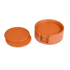 Ensemble de dessous-de-verre ronds en cuir PU avec support, tapis de table imperméables faits à la main, pour tasses à thé et café, couleur mandarine - Product Image 1
