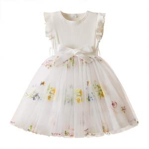 2025 estate Tutu per ragazze vestito per bambini con volant manica corta con bottone stampa floreale tessuto in Chiffon fascia d'età per bambini con fiocco - Product Image 4