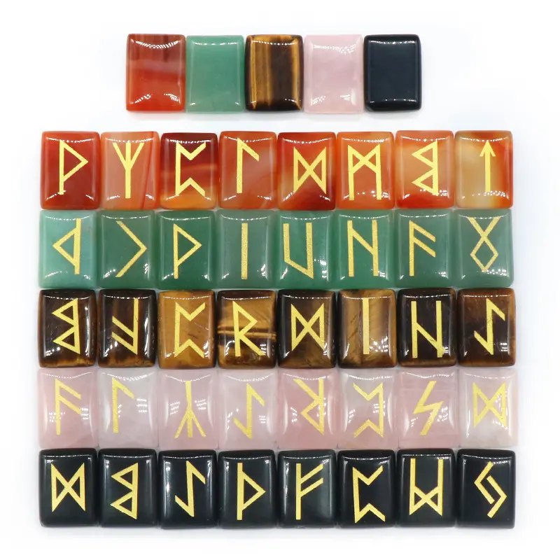 Runes — pierres en cristal œil de tigre, pierre carrée gravée, 25 pièces/ensemble, agate rouge rose, quartz vert, aventurine, obsidienne, rune