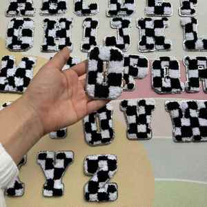 New Hot 8CM Iron on Chenille Embroidered Sliver Edge White <b>Black</b> Checker Letter Patch for Hat Hoodies Decoration - Product Image 5