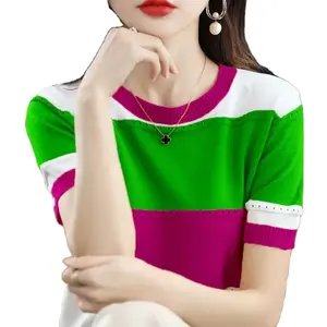 Bekleidung Hersteller Bluse Damenbekleidung Mode Patchwork gestrickt Sommer neu O-Ausschnitt kurze Ärmel lässige Pullover Shirt