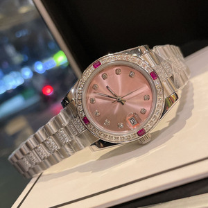 Montre unisexe de luxe rose pastel, mouvement mécanique, verre saphir, bracelet en acier inoxydable orné de diamants, lunette cannelée, cadran soleil. - Product Image 1