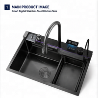 Évier de cuisine simple en acier inoxydable 304 avec robinet cascade, affichage LED, nano anti-rayures, noir, à poser sur comptoir