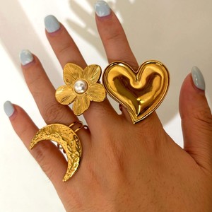 Anneaux ouverts ajustables en acier inoxydable plaqué or 18 carats, certifiés anti-ternissement, tendance, avec motif de cœur, de fleur, de soleil et de lune, pour les fêtes - Product Image 2