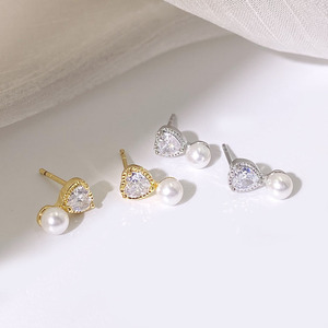 Korean Trendy 18k Gold Plated Waterproof Cubic Zirconia Pearl Heart Stud Earrings for Women - Product Image 4
