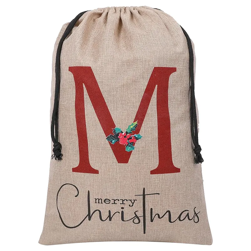 Tas penyimpanan paket hadiah Natal, tas karung Santa goni besar dapat digunakan kembali personalisasi huruf Monogram