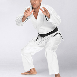 Premium Karate Gi Breathable 100% Cotton <b>White</b> Embroidered Mens Pearl Weave Tonal Lapel Classic Competition Ripstop Pants Set - Product Image 5
