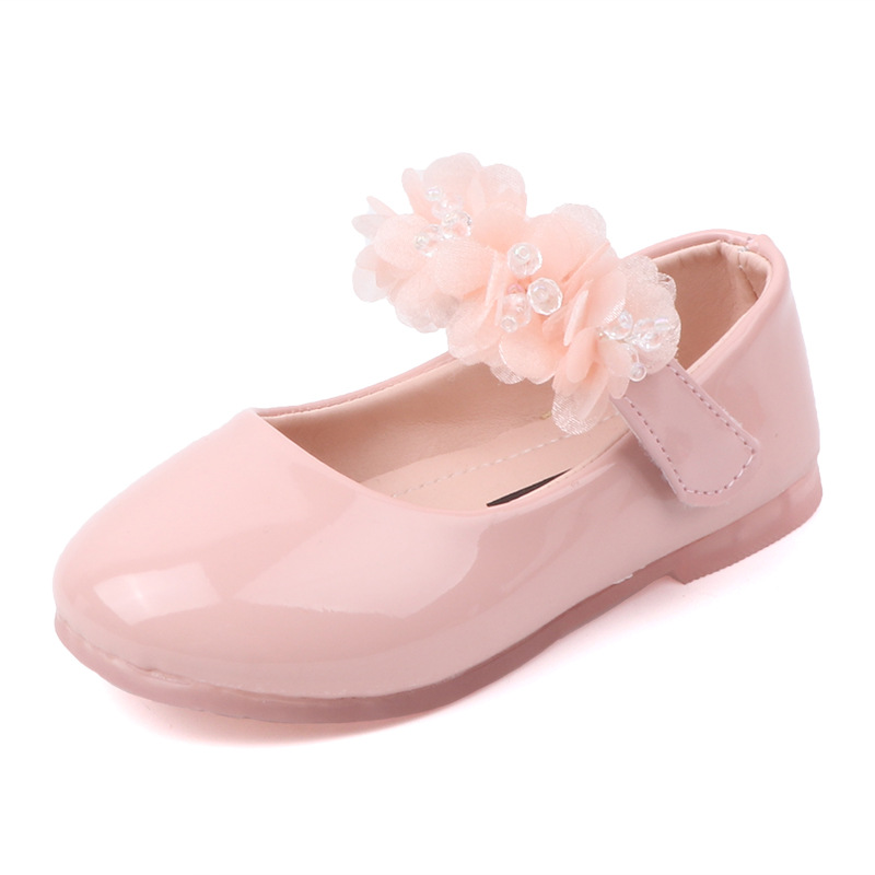 New Solid Children Flat Shoes Korean Bright Leather Small Leather Shoes Girls Rhinestone Lace Small Shoes