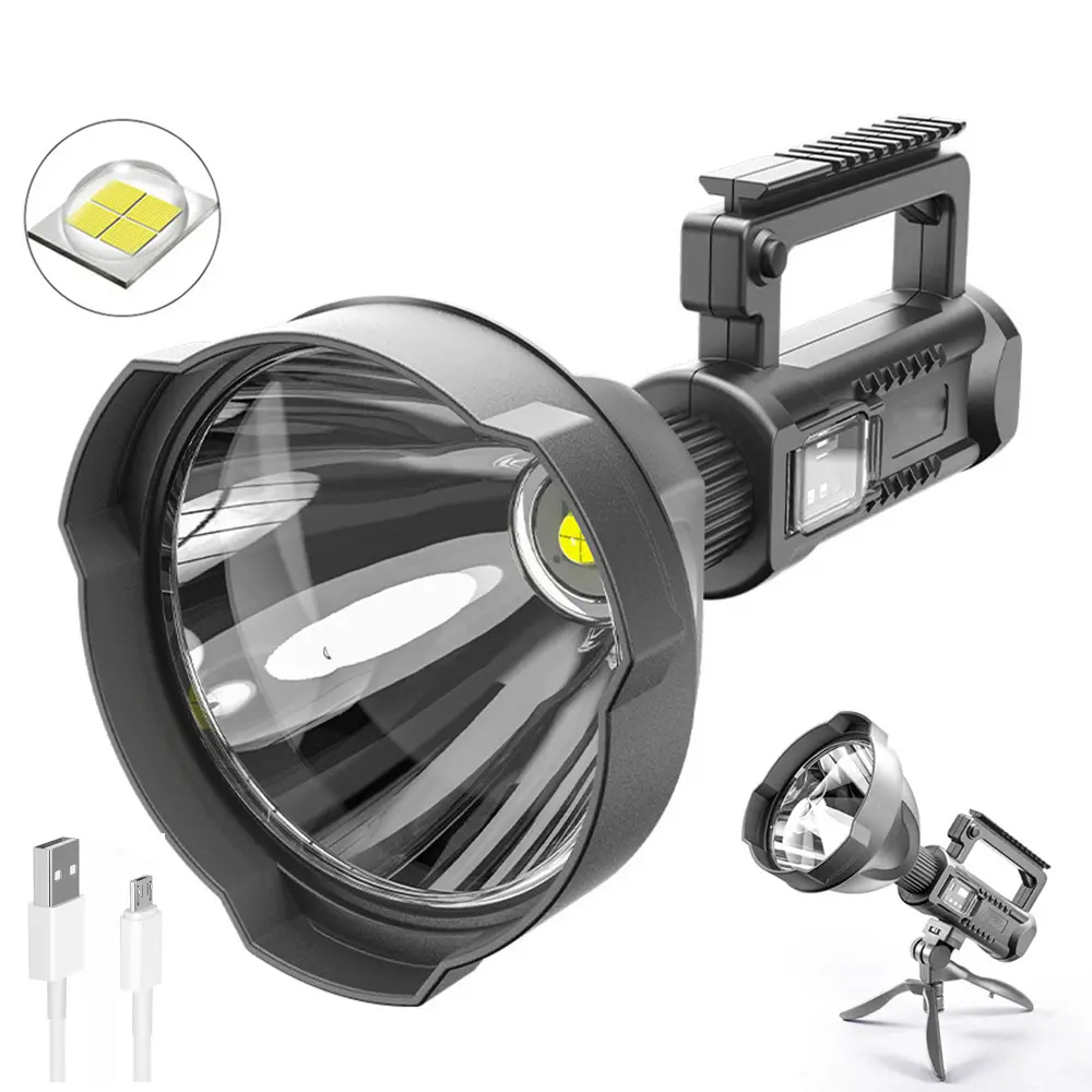 Linterna de foco superbrillante de 10W, lámpara de trabajo de 4 modos, recargable por USB, XHP90, XHP70, XHP50, reflector LED con trípode