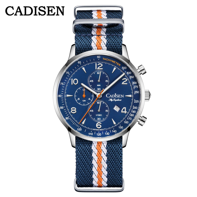 Cadisen 7067 Chronograph Men Watch Stainless Steel Case Japan Quartz Movement Nylon Band Date Waterproof Sports Pilot Wristwatch