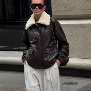 Chaqueta de Cuero PU con Cuello Desmontable de Piel Sintética, Abrigo Casual para Mujer con Diseño de Parches, Ropa de Calle Retro Y2K, Prenda Exterior de Otoño - Product Image 1