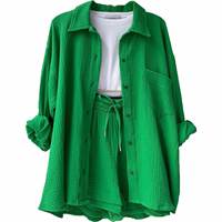 Ensemble décontracté deux pièces pour femme I-0553 : Nouvelle veste d'usine printemps-automne avec chemise à manches longues à revers volantés et short