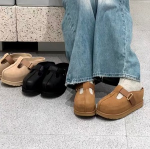 รองเท้าแตะบุขนสัตว์แบบสวมครึ่งส้นทรง Birkenstock หัวเข็มขัดแบบพิเศษ พื้นหนา สไตล์รองเท้าหิมะ วินเทจ บุผ้าฝ้ายอุ่น - Product Image 3