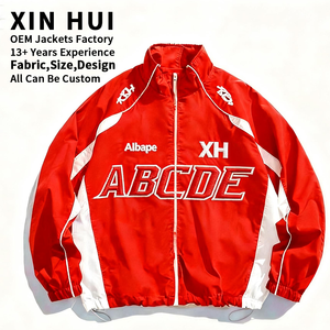 Veste de course d'hiver personnalisée pour homme, streetwear, broderie, patchwork, coupe-vent rouge, haute qualité, oversize, sport, fausse fourrure - Product Image 1