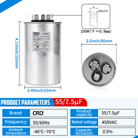 Condensateur à film rond CBB65 55/7.5MFD 450VAC avec 3/4 bornes, remplacement pour moteur de ventilateur de condenseur AC et démarrage de compresseur