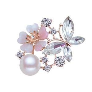 Broche de Concha Marina con Flores, Broches de Cristal para Mujer, Broche de Mariposa, Broche de Perlas de Cristal - Product Image 1