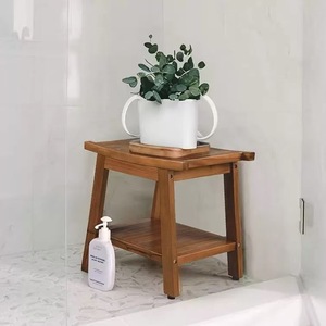 Tabouret de douche en teck 50,8x35,5x45,7 cm avec étagère de rangement double couche pour salle de bain - Product Image 1