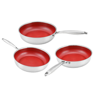 Ensemble de 3 poêles en acier inoxydable à 3 couches avec revêtement céramique antiadhésif rouge sans PTFE/PFAS, pour tous types de cuisinières, résistantes au four