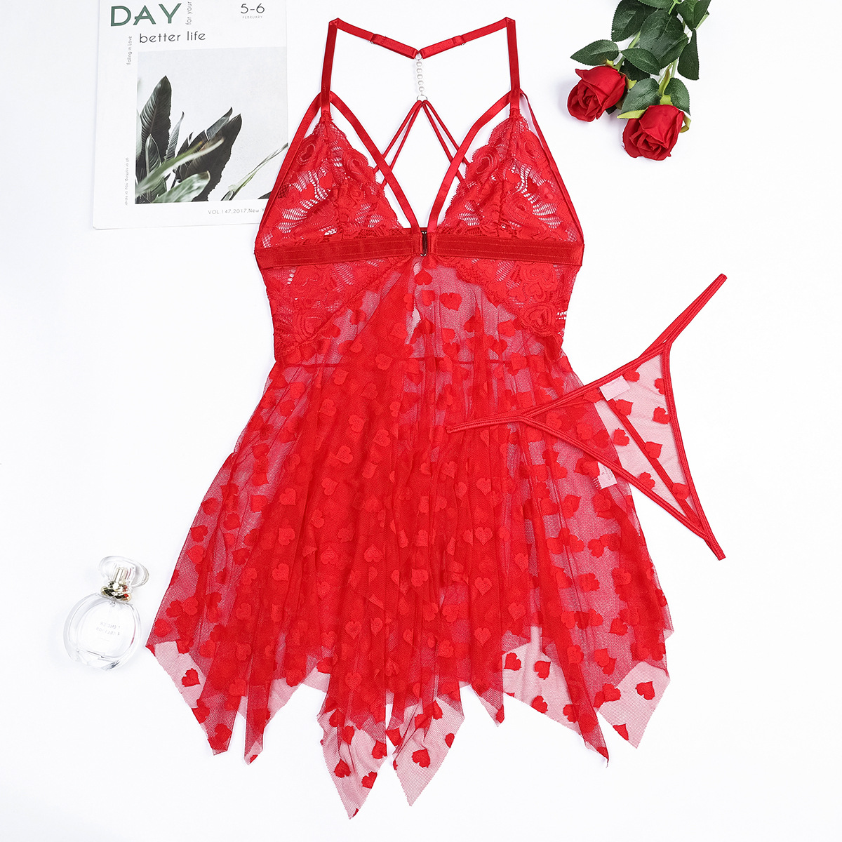 Transparent Sexy Lace Dress with Panty Erotic Heart Embroidery
