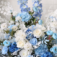 Arche murale de fleurs artificielles faites à la main, roses bleues et blanches, hortensias, pour toile de fond de mariage, centre de table, Fête des Mères, Pâques, vente en gros