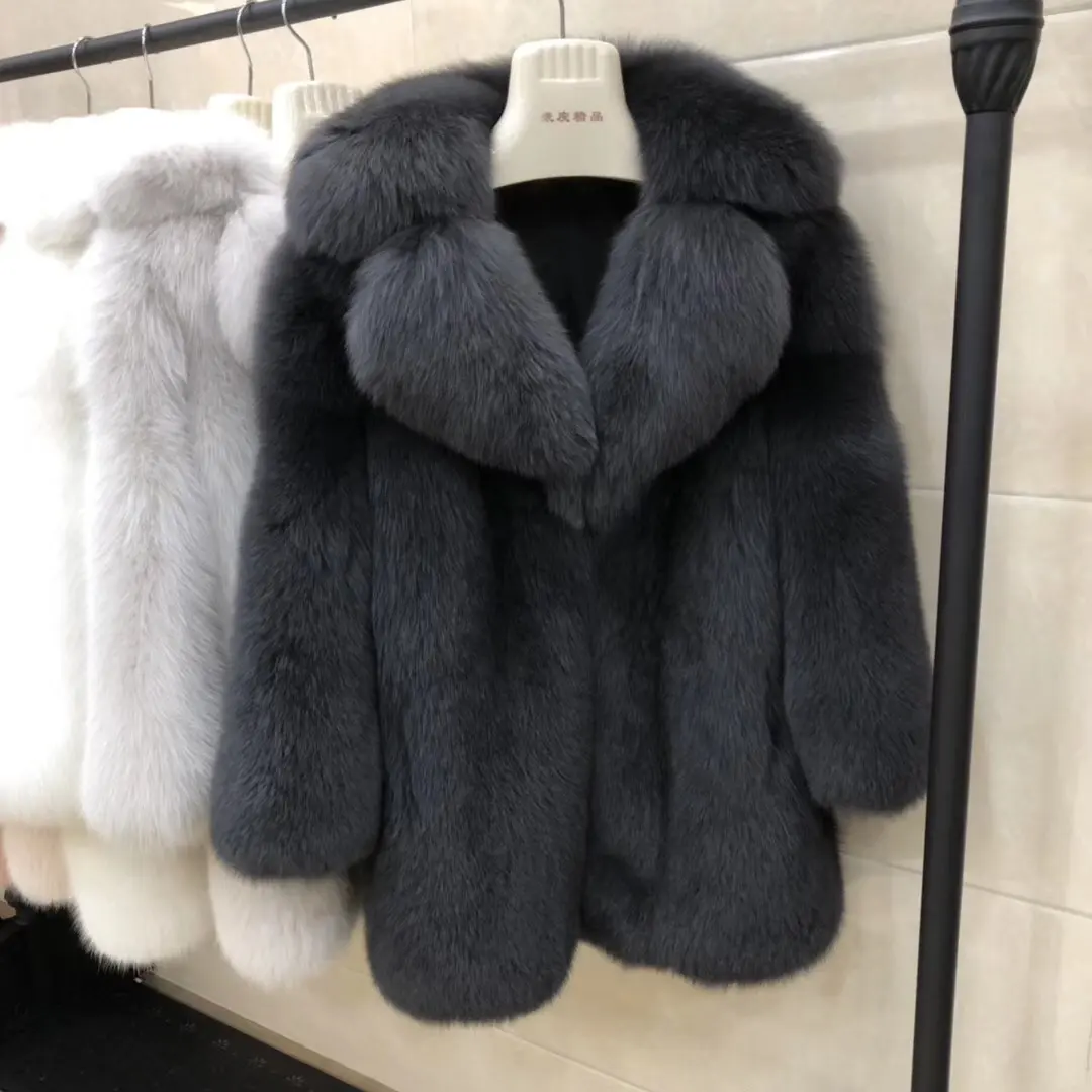Toptan unisex giyim lüks pelt gerçek tilki kürk ceket büyük yaka yaka erkek İtalyan kürk mont artı boyutu kadın kıyafetleri kış