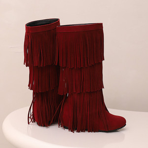 New Autumn and Winter Tassel Women's Boots <b>Round</b> <b>Toe</b> High Solid Color Casual Shoes Versatile Classic Nightclub Fashion Boots - Product Image 4