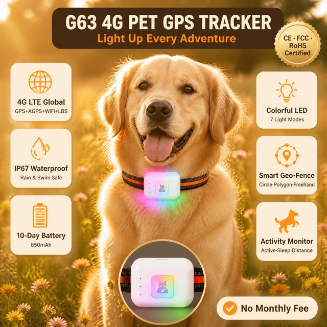 4G GPS Tracker for Dogs Cats G63 No Subscription No Distance Limit APP Real Time IP67 Waterproof Anti-Lost Pet Locator Geo-Fence