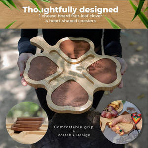 Tabla de Quesos de Bambú con Diseño de Trébol de Cuatro Hojas, con Posavasos y Asas, para Servir Aperitivos en Fiestas - Product Image 2