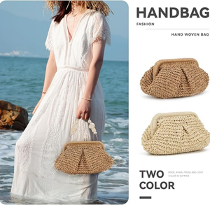 Custom Straw Dumpling <strong>Clutch</strong> <strong>Bag</strong> with Pearl Chain Woven Straw Tote <strong>Clutch</strong> Purse <strong>for</strong> Women - Product Image 4